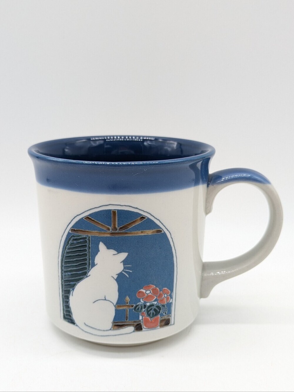 Vintage Grey White Blue Floral Cat In A Window Ceramic Coffee Mug